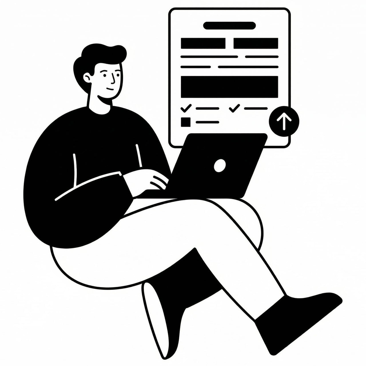 Illustration of a person using a laptop with a document icon above them on a white background