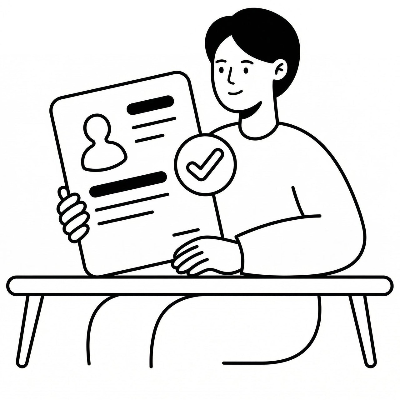 Illustration of a person holding a document with a checkmark, sitting at a desk.