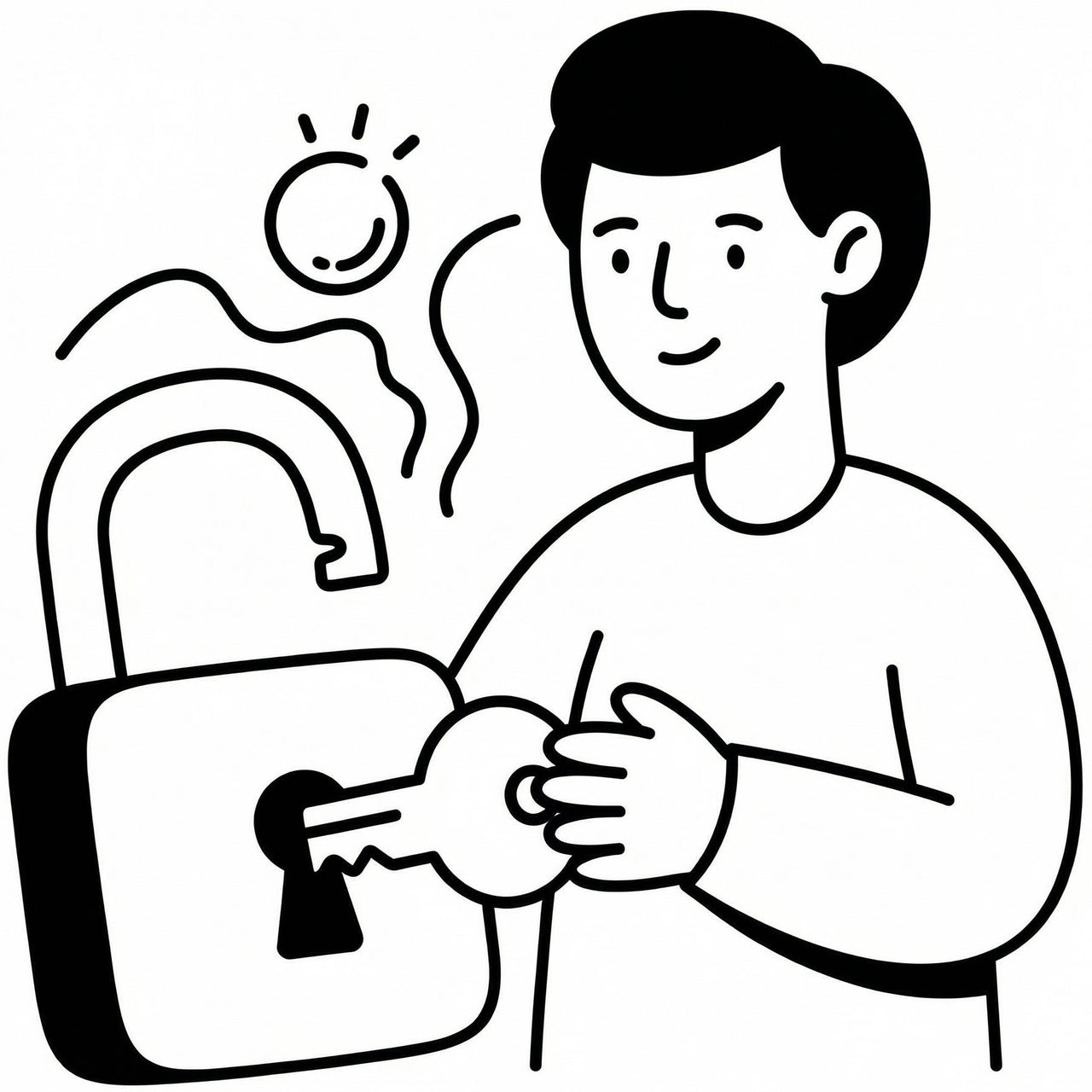 Illustration of a person unlocking a padlock with a key, sun and horse in the background.